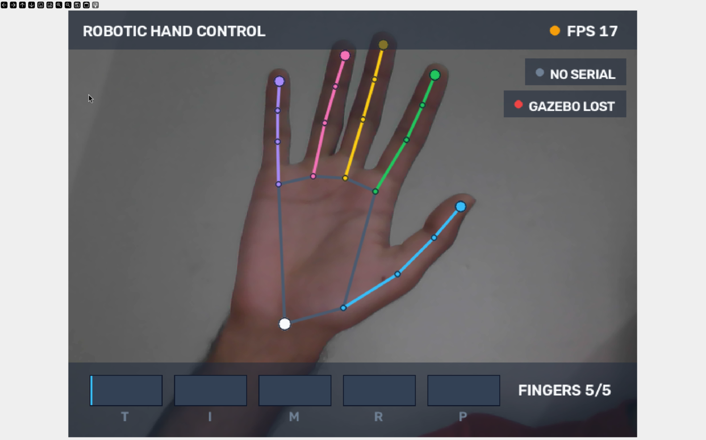Mimic tracking a hand via webcam: skeleton overlay, per-finger gauges, live FPS